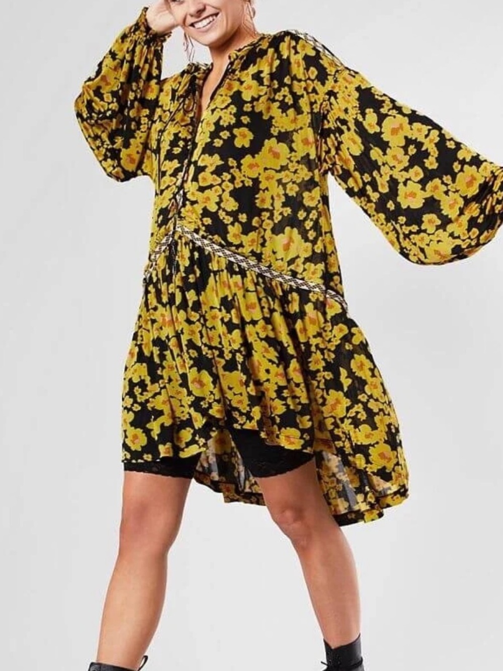 NWT Free People Love Letter Black & Yellow Floral Boho Swing Dress